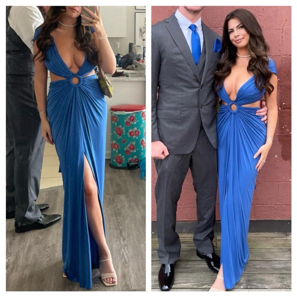 Michael Costello Revolve Maxi Dress Blue Cutout Sapphire Gown size L